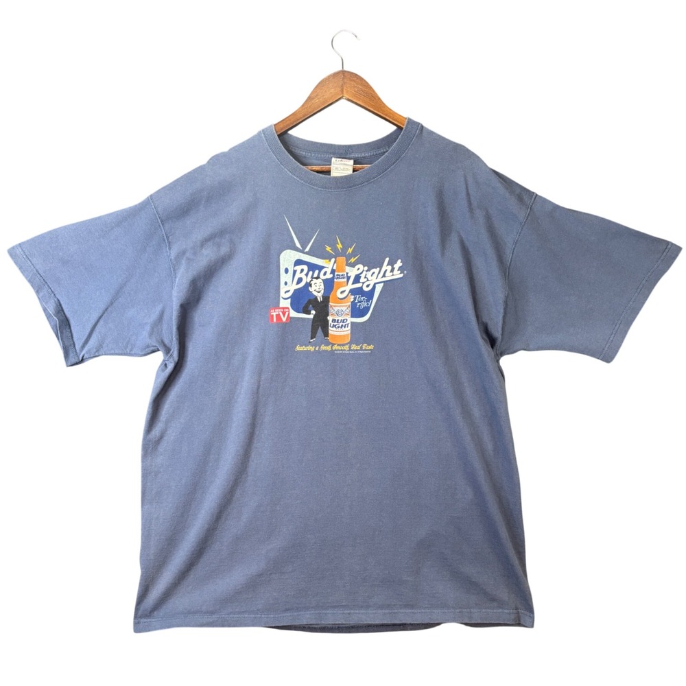 Vintage 2005 Bud Light Beer T-Shirt Mens 2XL Blue "As Seen On TV" Y2K Grunge